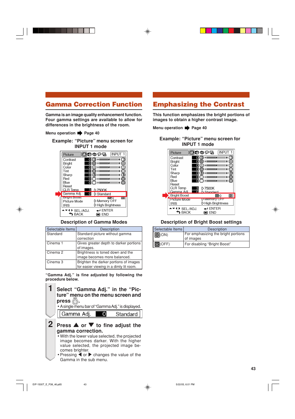 Gamma correction function, Emphasizing the contrast | Eiki EIP-1500T User Manual | Page 46 / 71
