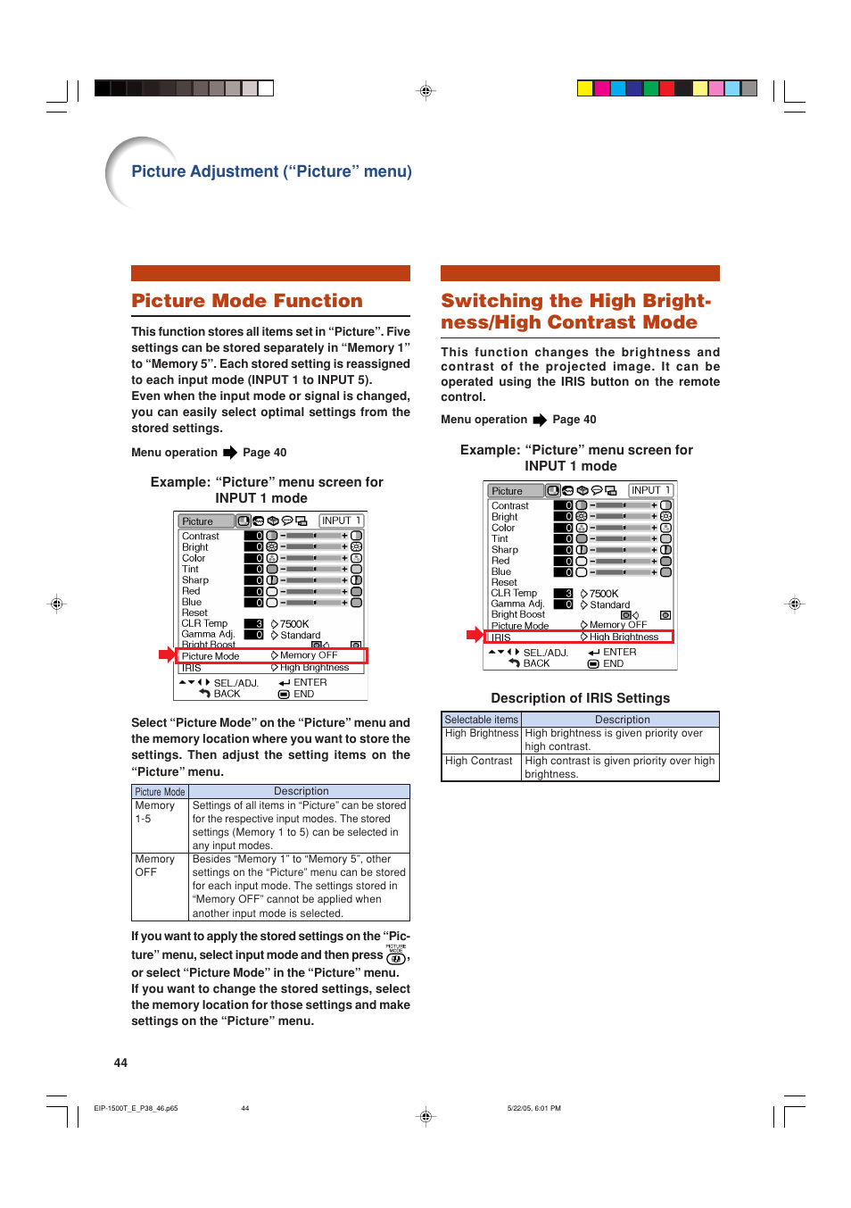 Picture mode function, Switching the high bright- ness/high contrast mode, Picture adjustment (“picture” menu) | Eiki EIP-1500T User Manual | Page 47 / 71