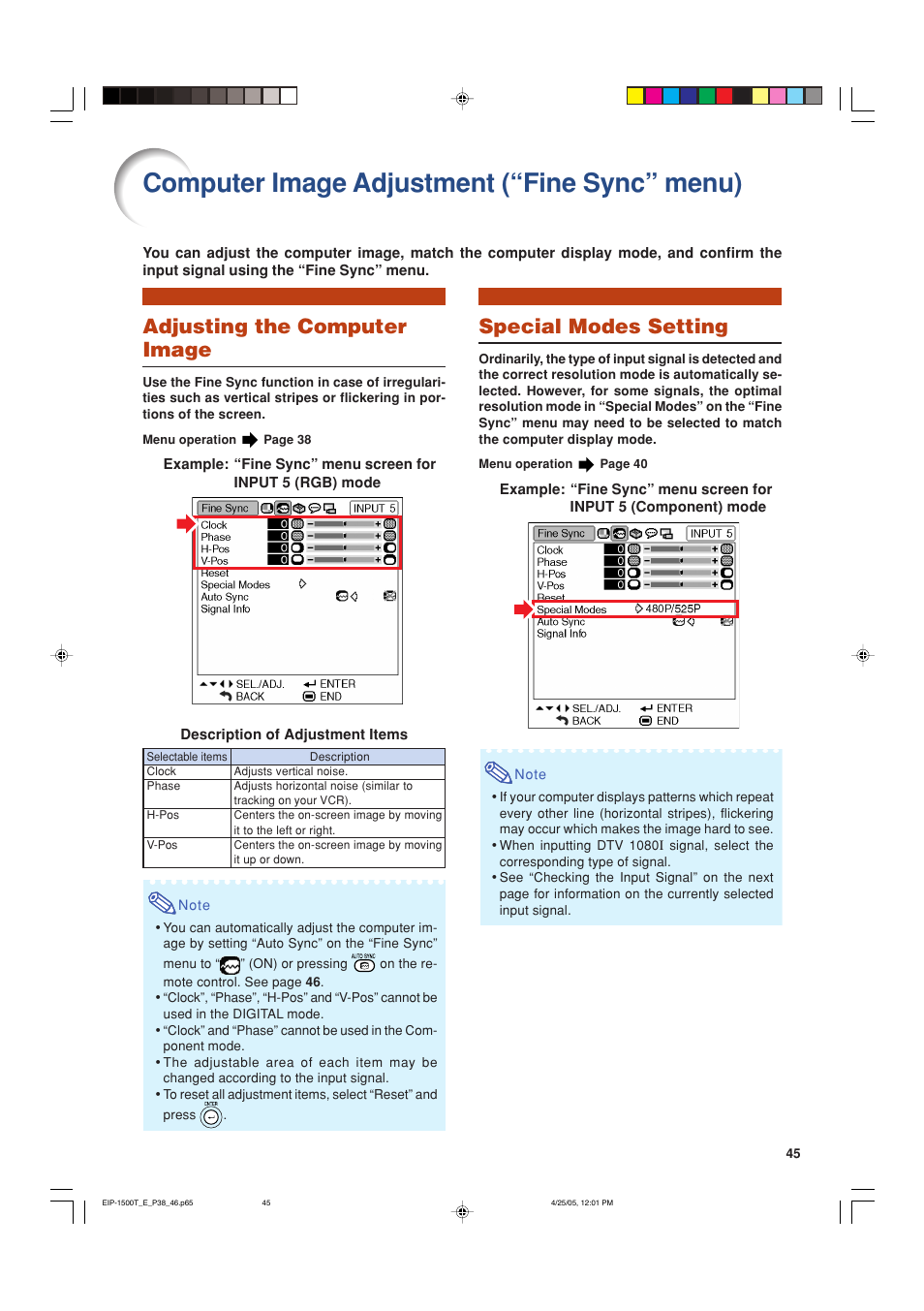 Computer image adjustment (“fine sync” menu), Adjusting the computer image, Special modes setting | Eiki EIP-1500T User Manual | Page 48 / 71
