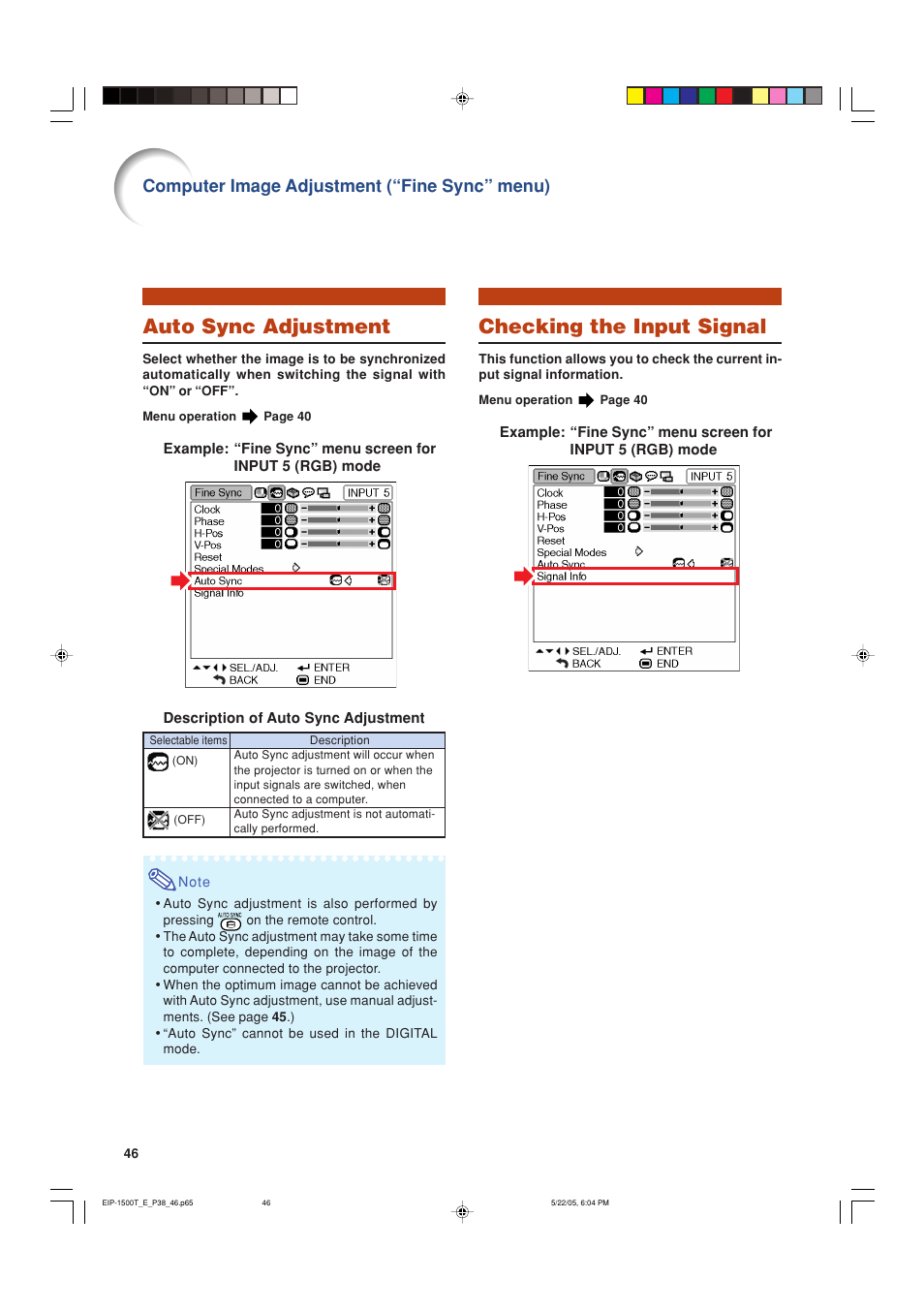 Auto sync adjustment, Checking the input signal, Computer image adjustment (“fine sync” menu) | Eiki EIP-1500T User Manual | Page 49 / 71