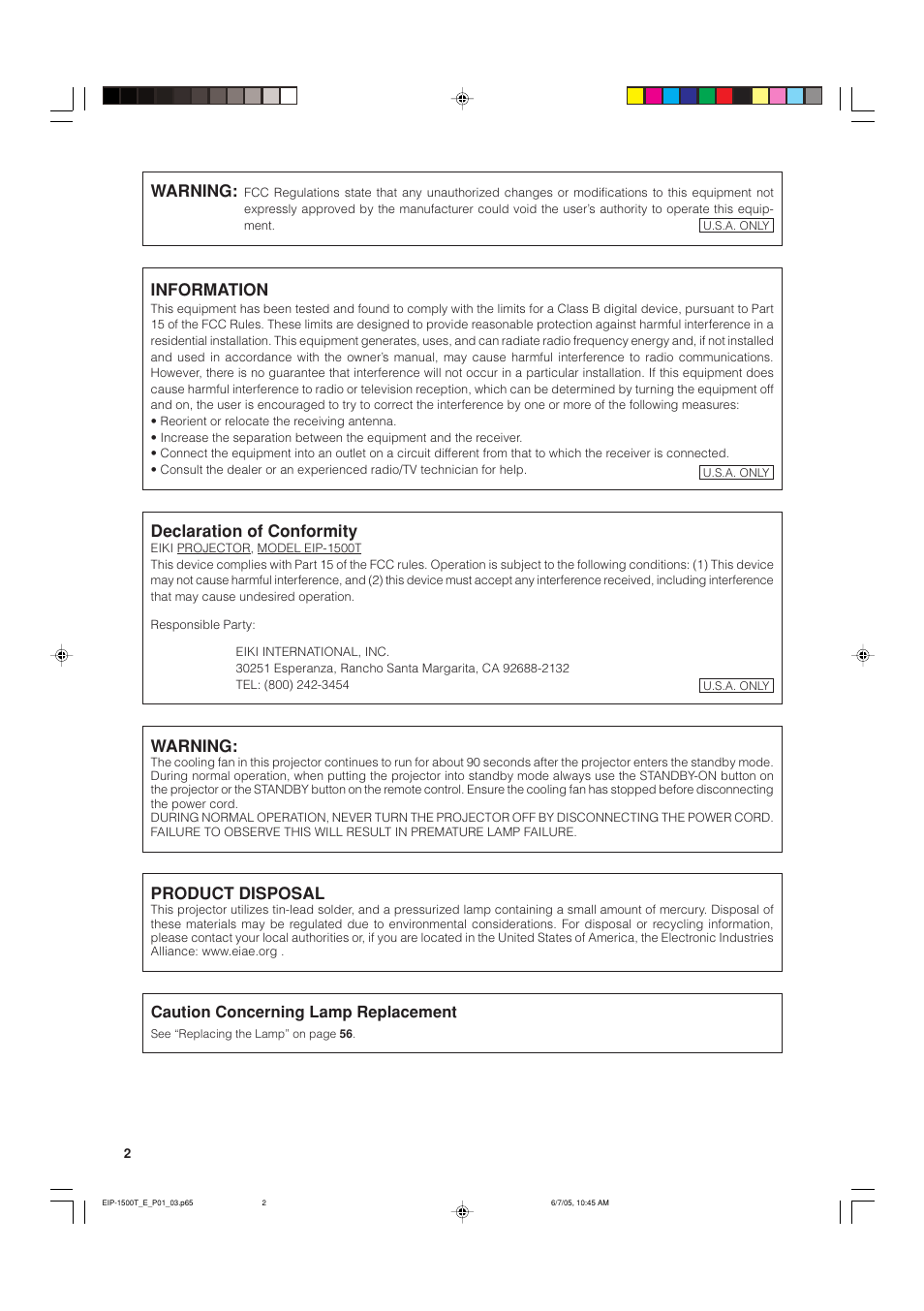 Product disposal, Warning, Information | Declaration of conformity | Eiki EIP-1500T User Manual | Page 5 / 71
