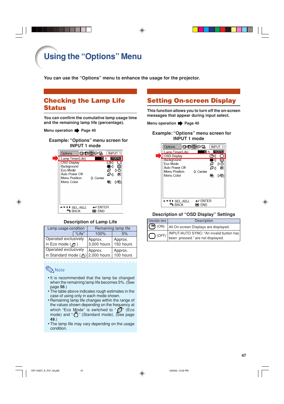 Using the “options” menu, Checking the lamp life status, Setting on-screen display | Eiki EIP-1500T User Manual | Page 50 / 71