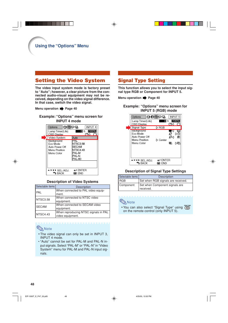 Setting the video system, Signal type setting, Using the “options” menu | Eiki EIP-1500T User Manual | Page 51 / 71