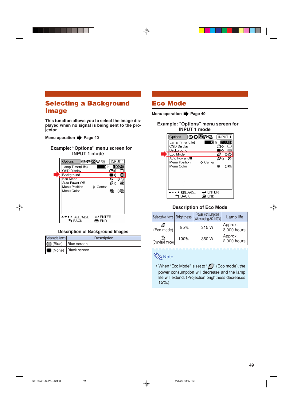 Eco mode, Selecting a background image | Eiki EIP-1500T User Manual | Page 52 / 71