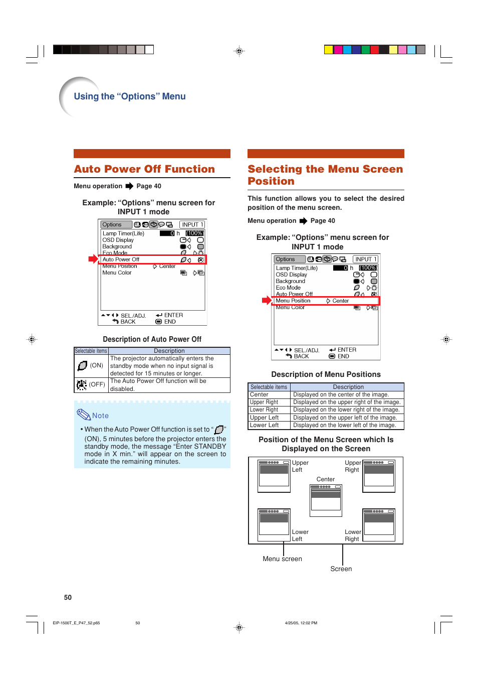 Auto power off function, Selecting the menu screen position, Using the “options” menu | Eiki EIP-1500T User Manual | Page 53 / 71