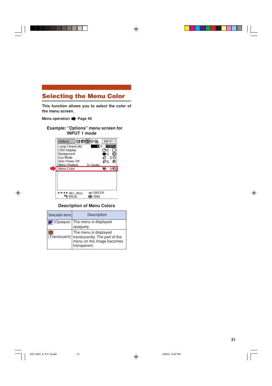 Selecting the menu color | Eiki EIP-1500T User Manual | Page 54 / 71