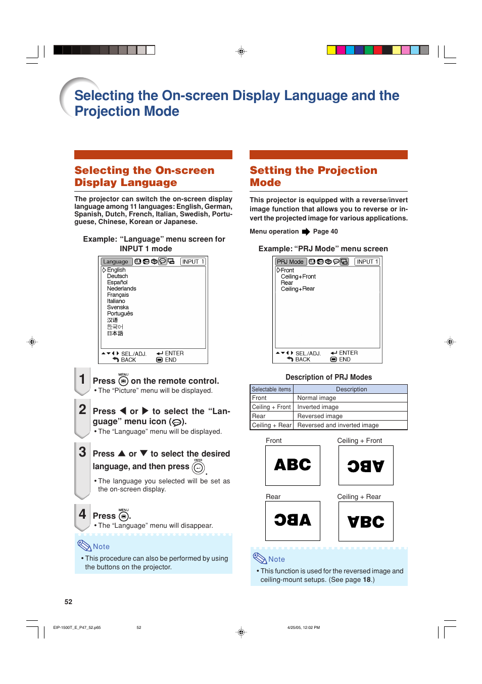 Selecting the on-screen display language, Setting the projection mode | Eiki EIP-1500T User Manual | Page 55 / 71