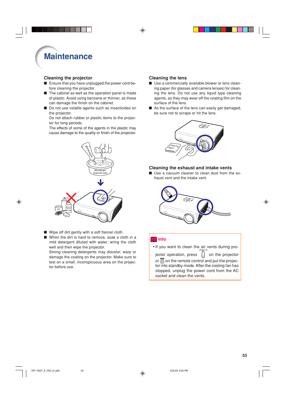 Maintenance, Cleaning the lens, Cleaning the exhaust and intake vents | Cleaning the projector | Eiki EIP-1500T User Manual | Page 56 / 71