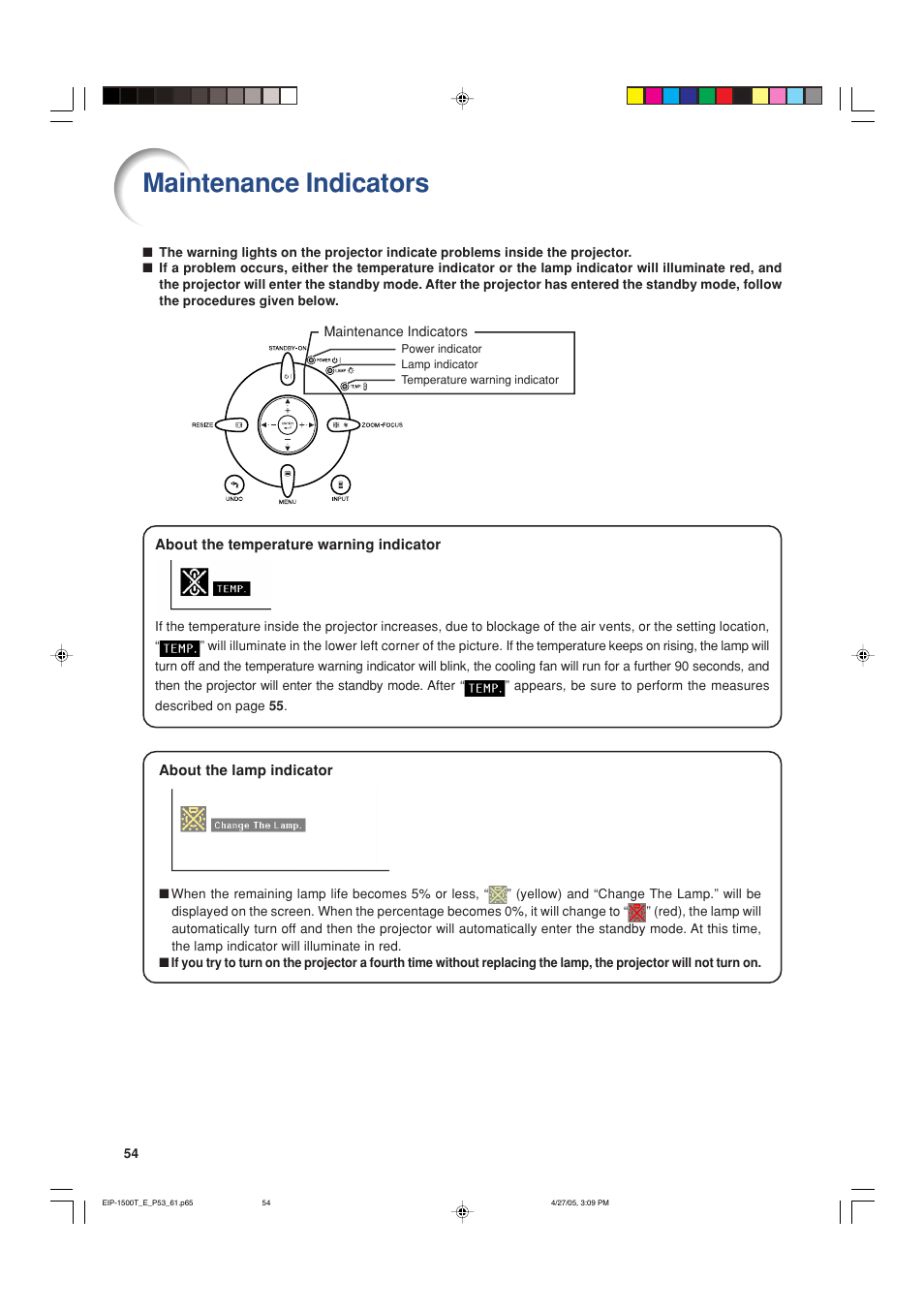 Maintenance indicators | Eiki EIP-1500T User Manual | Page 57 / 71