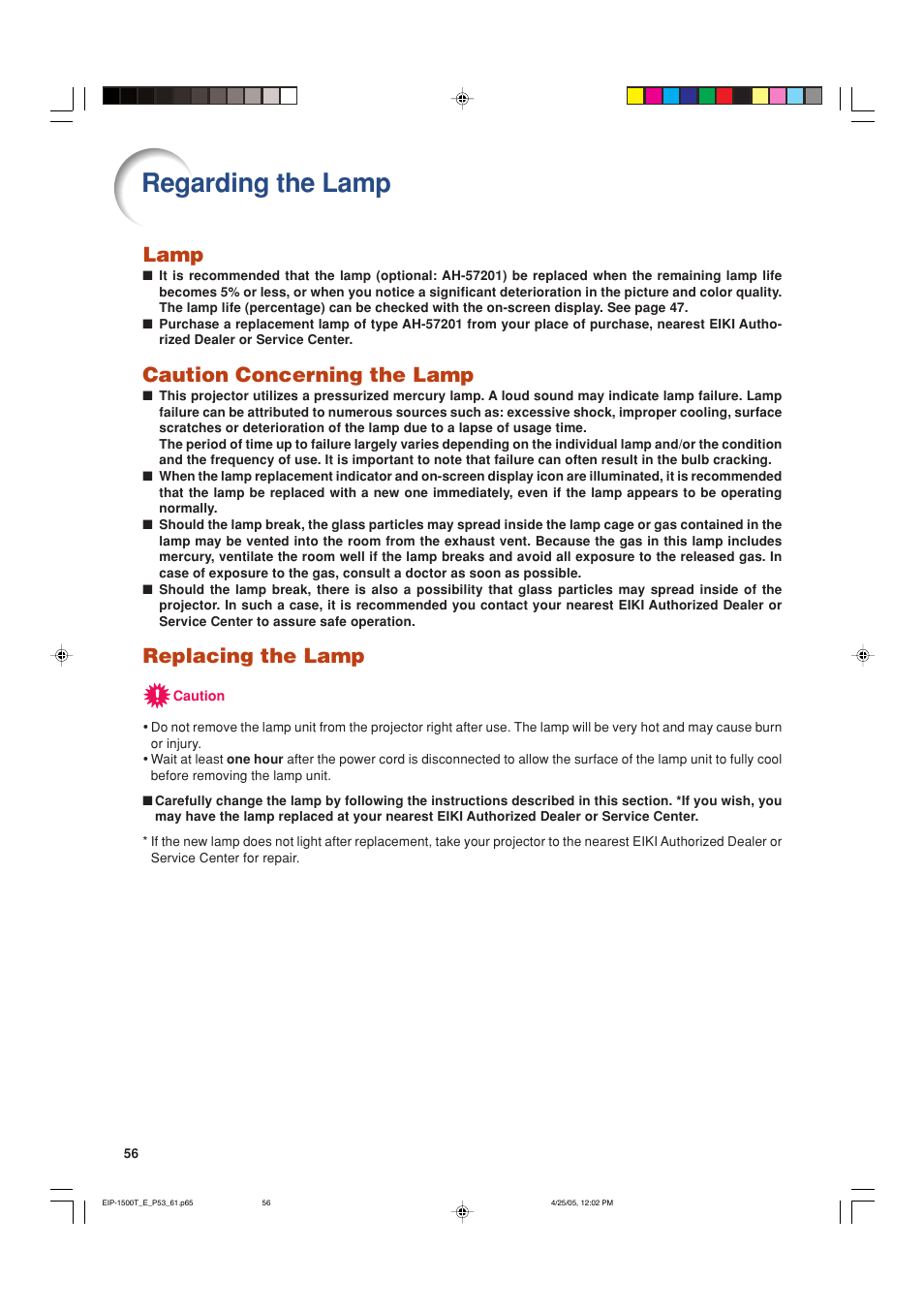 Regarding the lamp, Lamp, Caution concerning the lamp | Replacing the lamp | Eiki EIP-1500T User Manual | Page 59 / 71