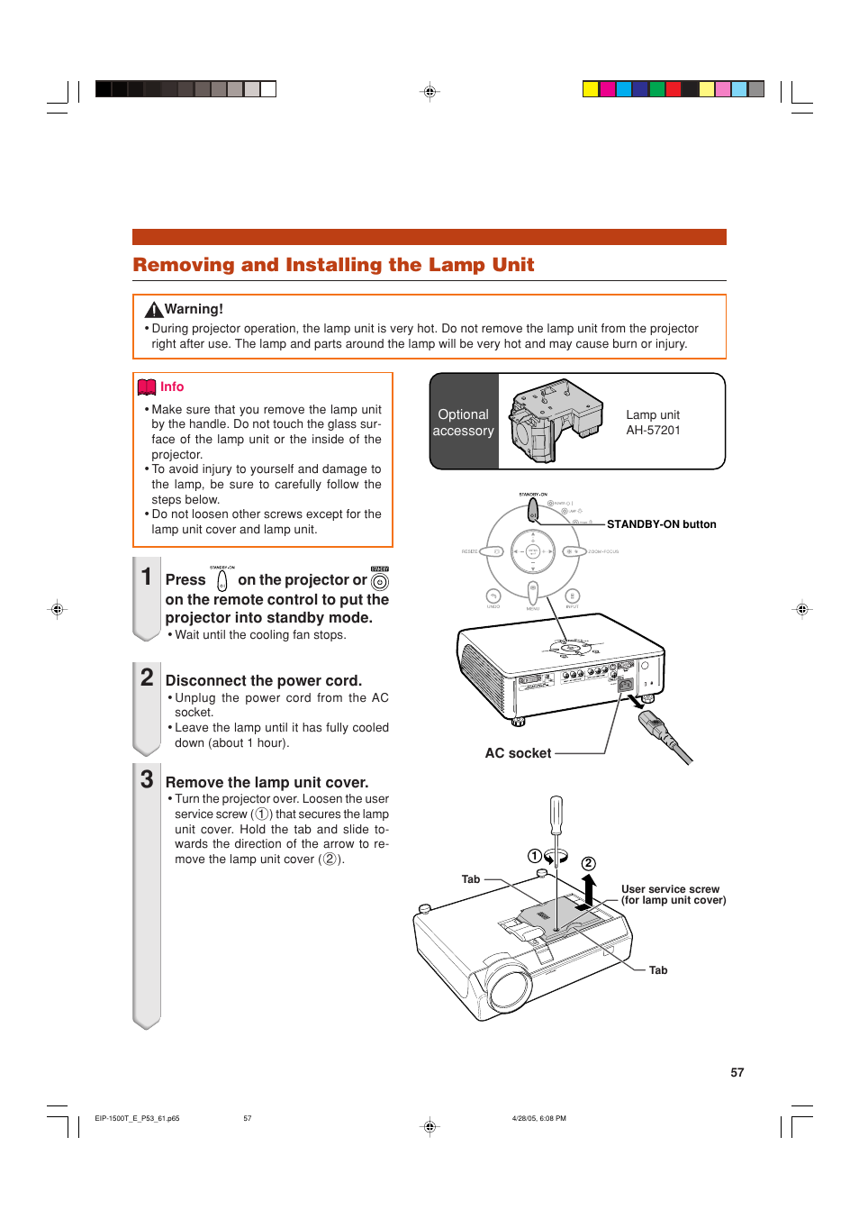 Removing and installing the lamp unit | Eiki EIP-1500T User Manual | Page 60 / 71