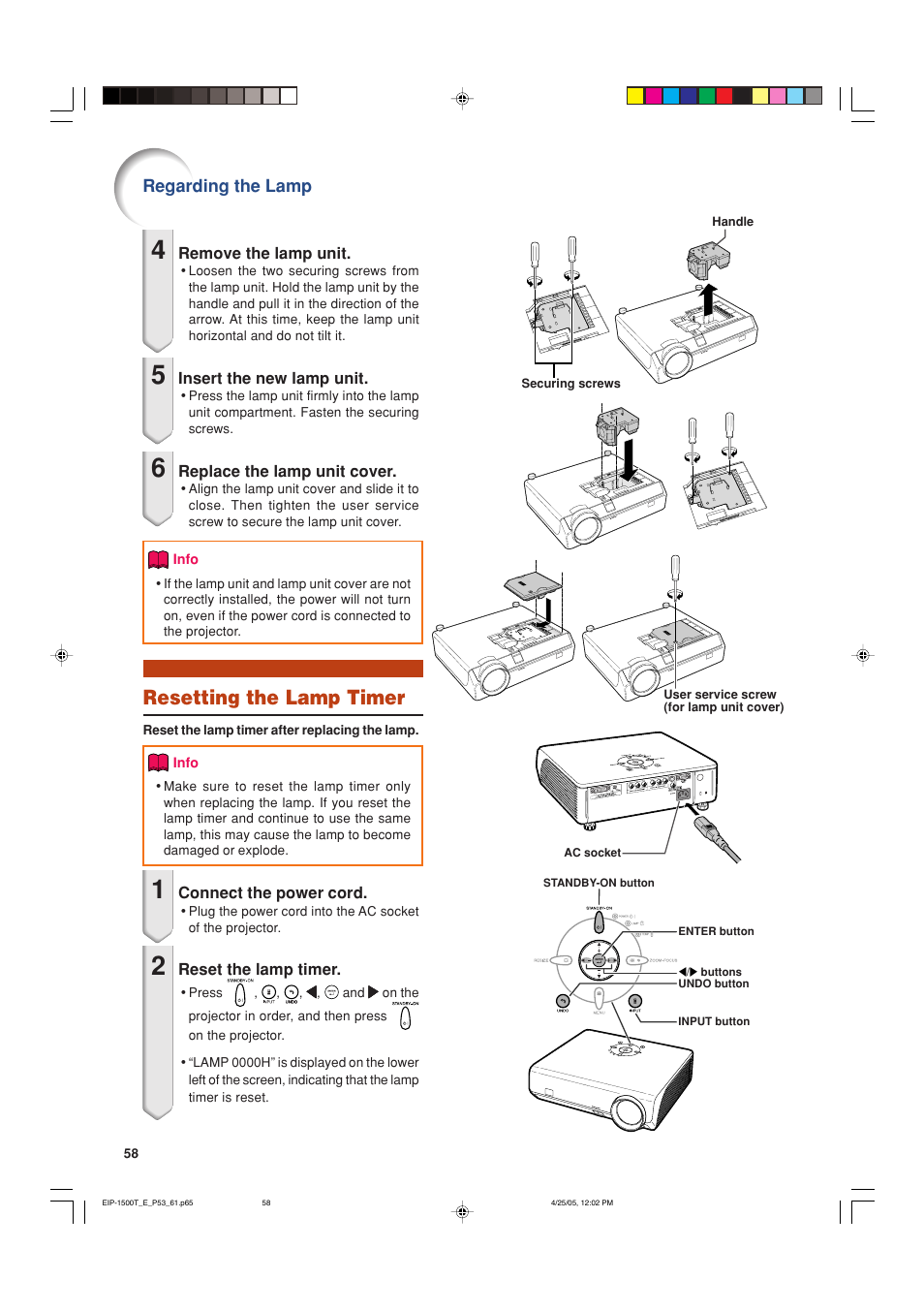 Resetting the lamp timer, Regarding the lamp | Eiki EIP-1500T User Manual | Page 61 / 71