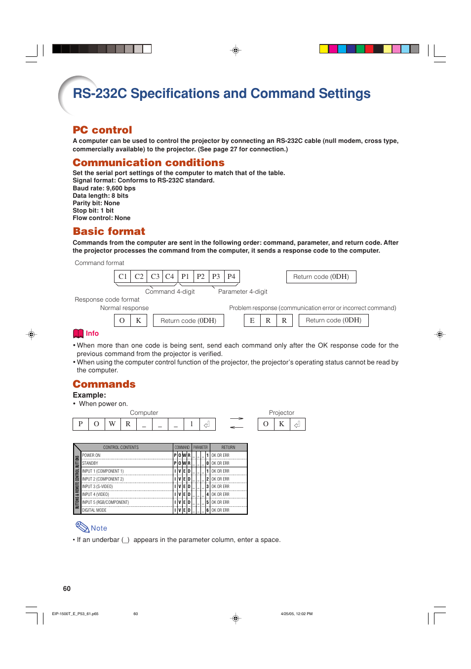 Rs-232c specifications and command settings, Pc control, Communication conditions | Basic format, Commands, Example, E r r | Eiki EIP-1500T User Manual | Page 63 / 71