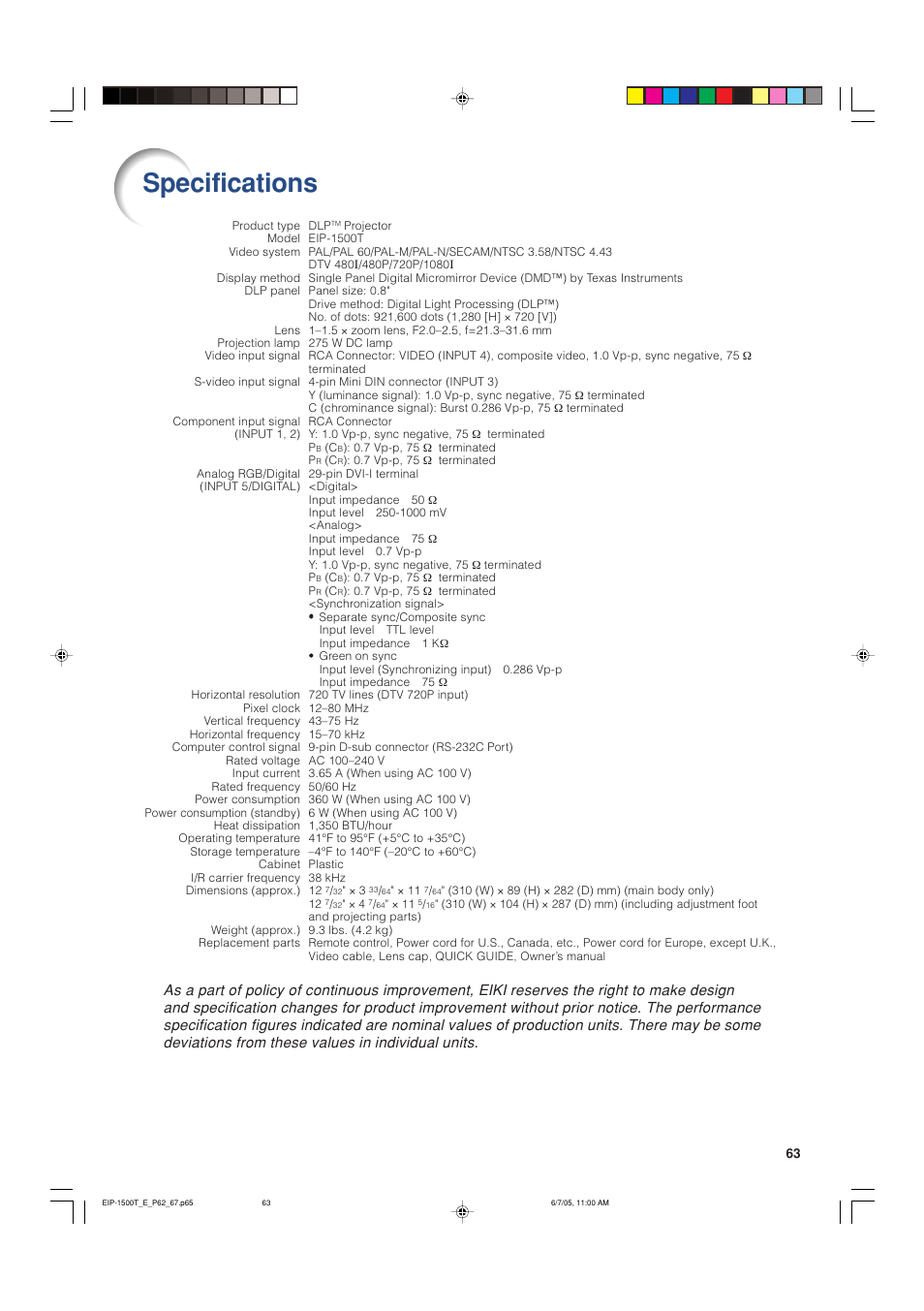 Specifications | Eiki EIP-1500T User Manual | Page 66 / 71