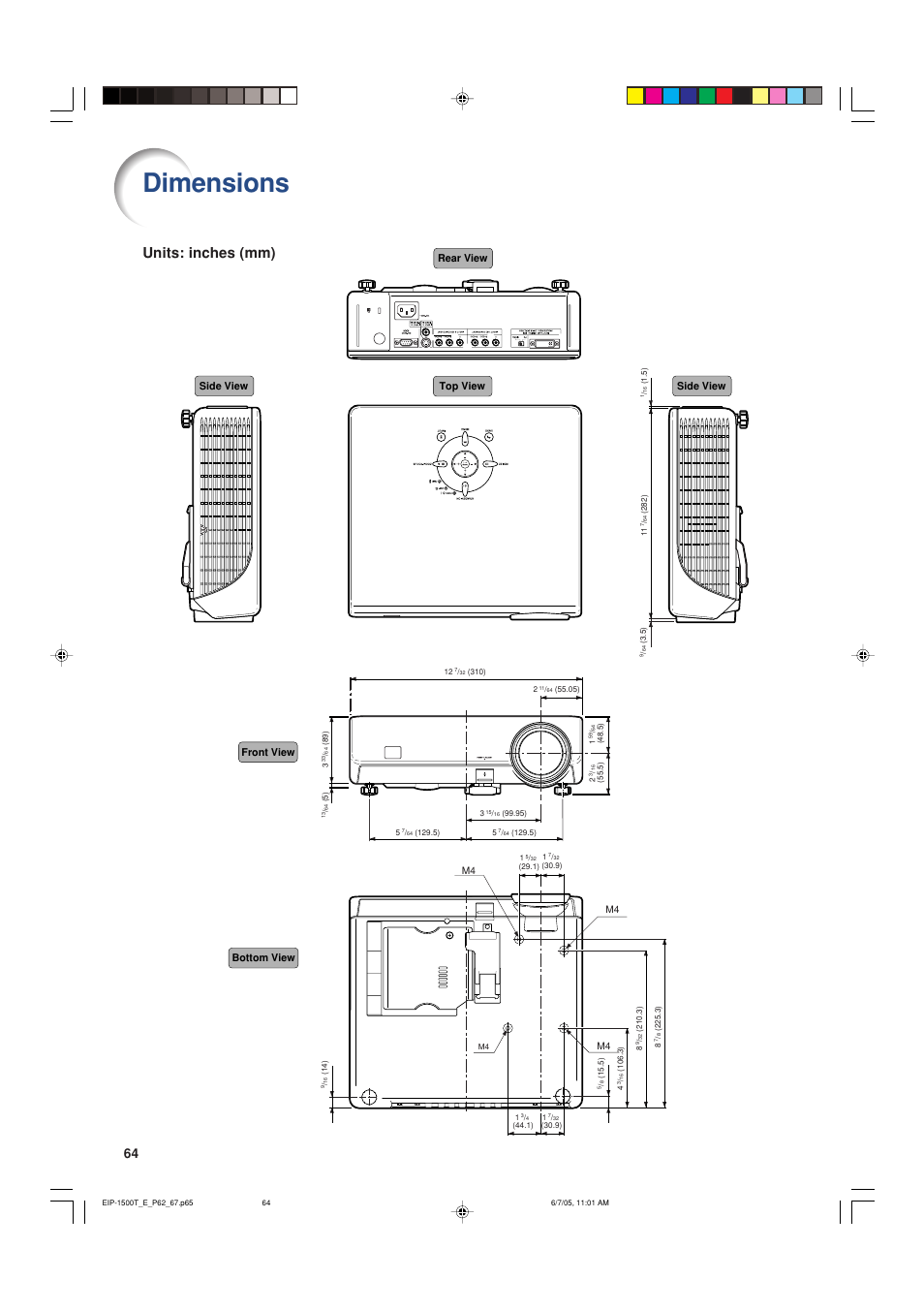 Dimensions, Units: inches (mm) | Eiki EIP-1500T User Manual | Page 67 / 71