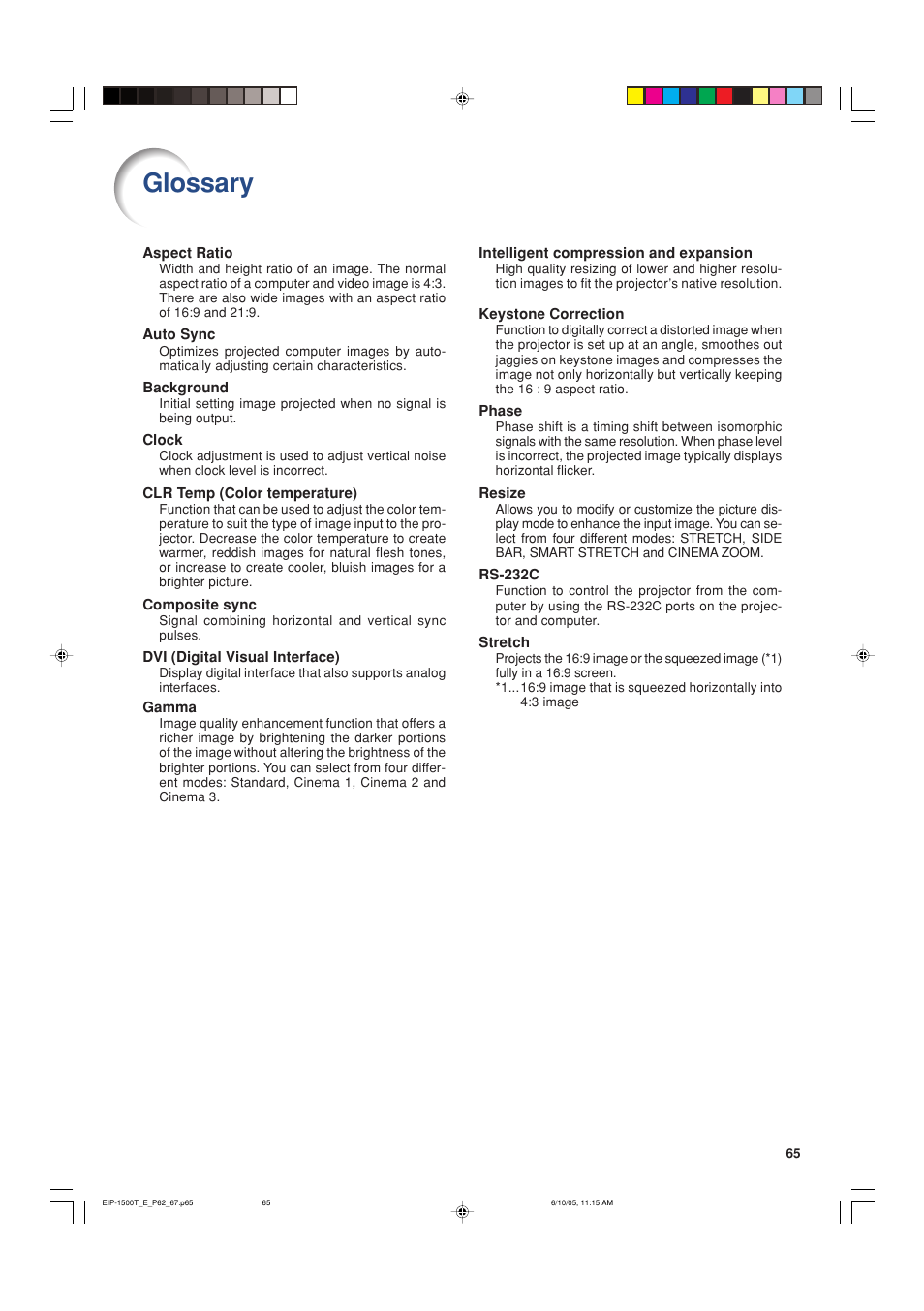 Glossary | Eiki EIP-1500T User Manual | Page 68 / 71
