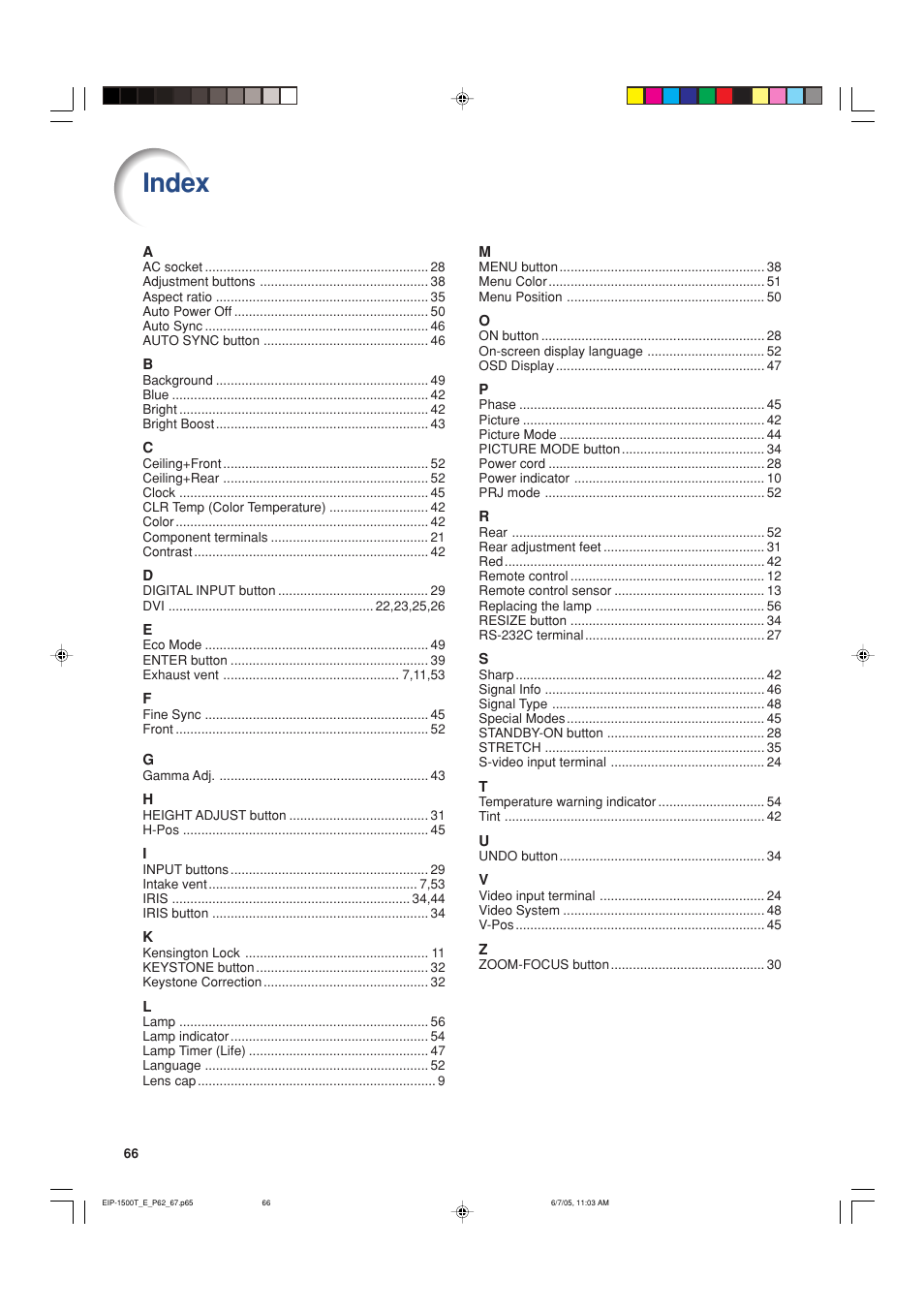 Index | Eiki EIP-1500T User Manual | Page 69 / 71