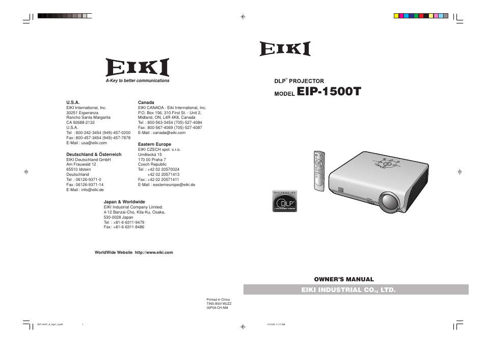 Eip-1500t, Eiki industrial co., ltd, Owner’s manual | Eiki EIP-1500T User Manual | Page 71 / 71