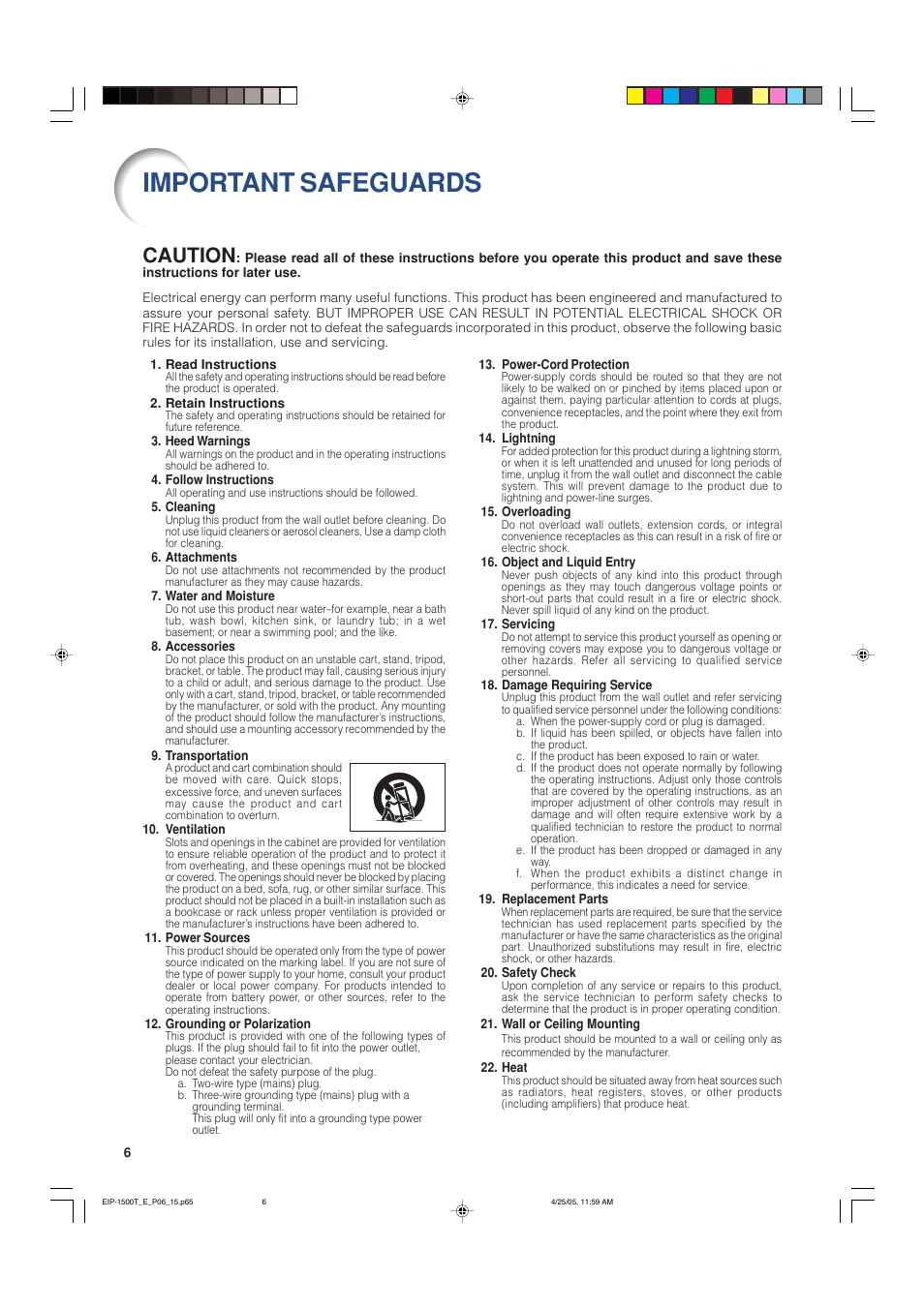 Important safeguards, Caution | Eiki EIP-1500T User Manual | Page 9 / 71