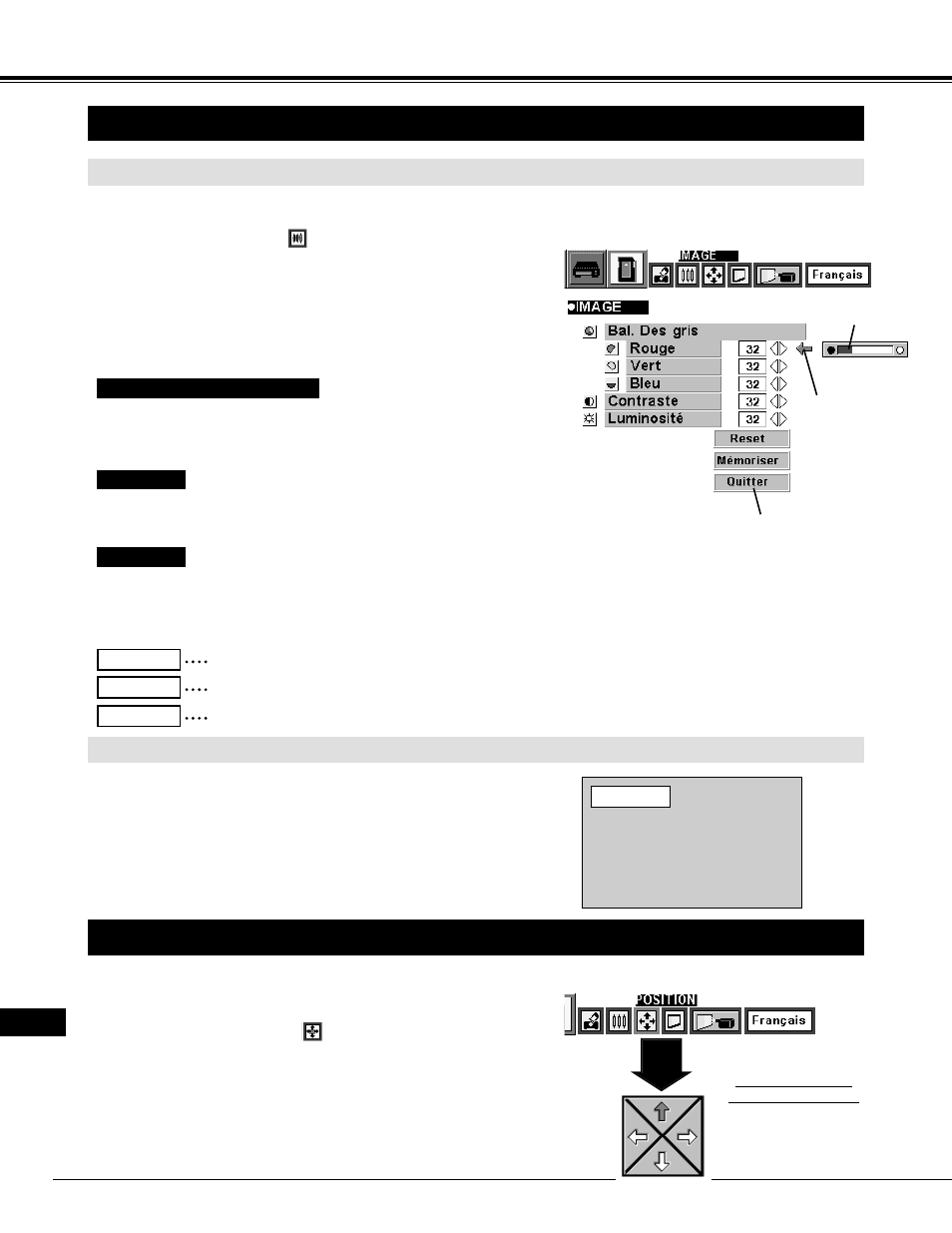 Reglage d’image, Reglage de la position d’image, Mode mci | Reglage manuel de l’image, Fonction normale | Eiki LC-NB2 User Manual | Page 128 / 232