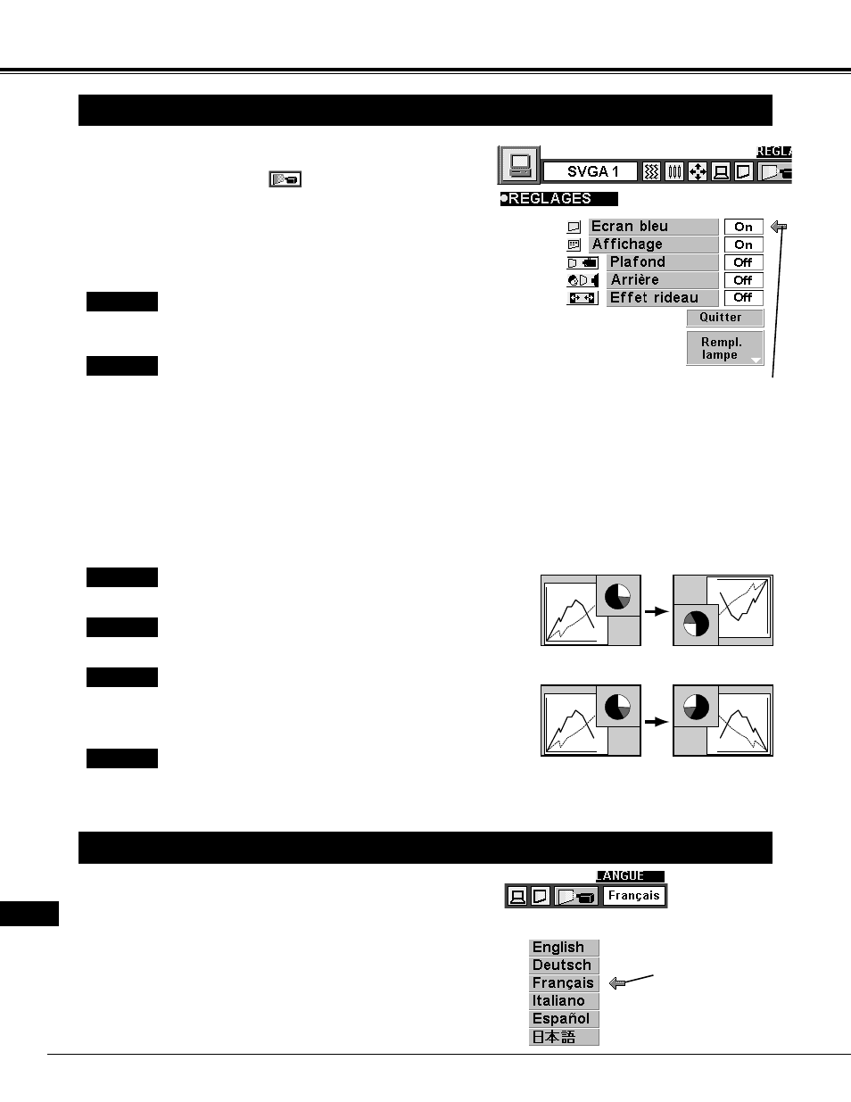 Reglage, Menu de reglage, Reglage de la langue | Eiki LC-NB2 User Manual | Page 132 / 232