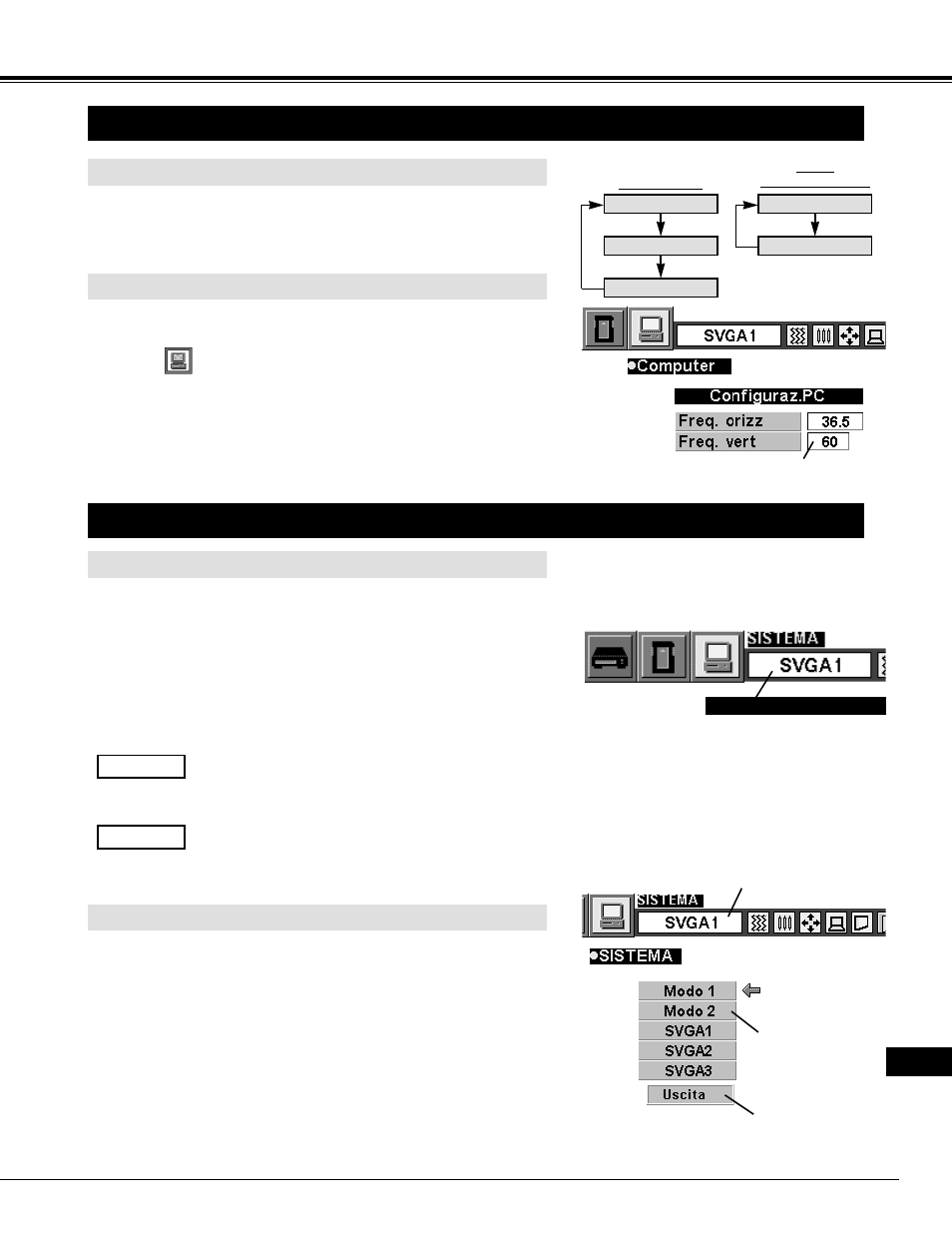 Modalità computer, Selezione della modalità computer, Selezione del sistema del computer | Operazione diretta, Uso del menu, Sistema di scansione multipla automatica, Selezione manuale del sistema del computer | Eiki LC-NB2 User Manual | Page 161 / 232