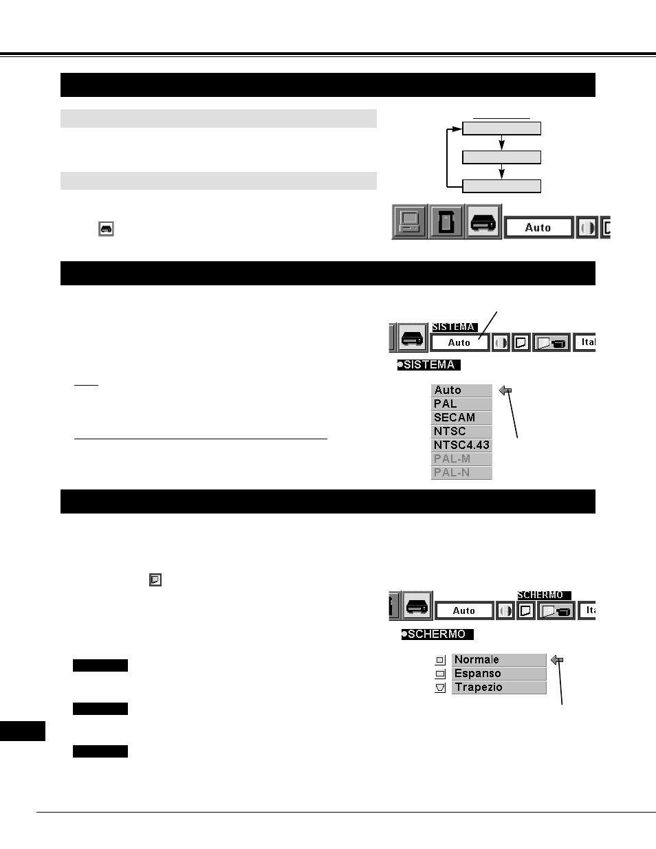 Modalità video, Selezione della modalità video, Selezione del sistema video | Regolazione dello schermo dell’immagine, Operazione diretta, Uso del menu | Eiki LC-NB2 User Manual | Page 168 / 232