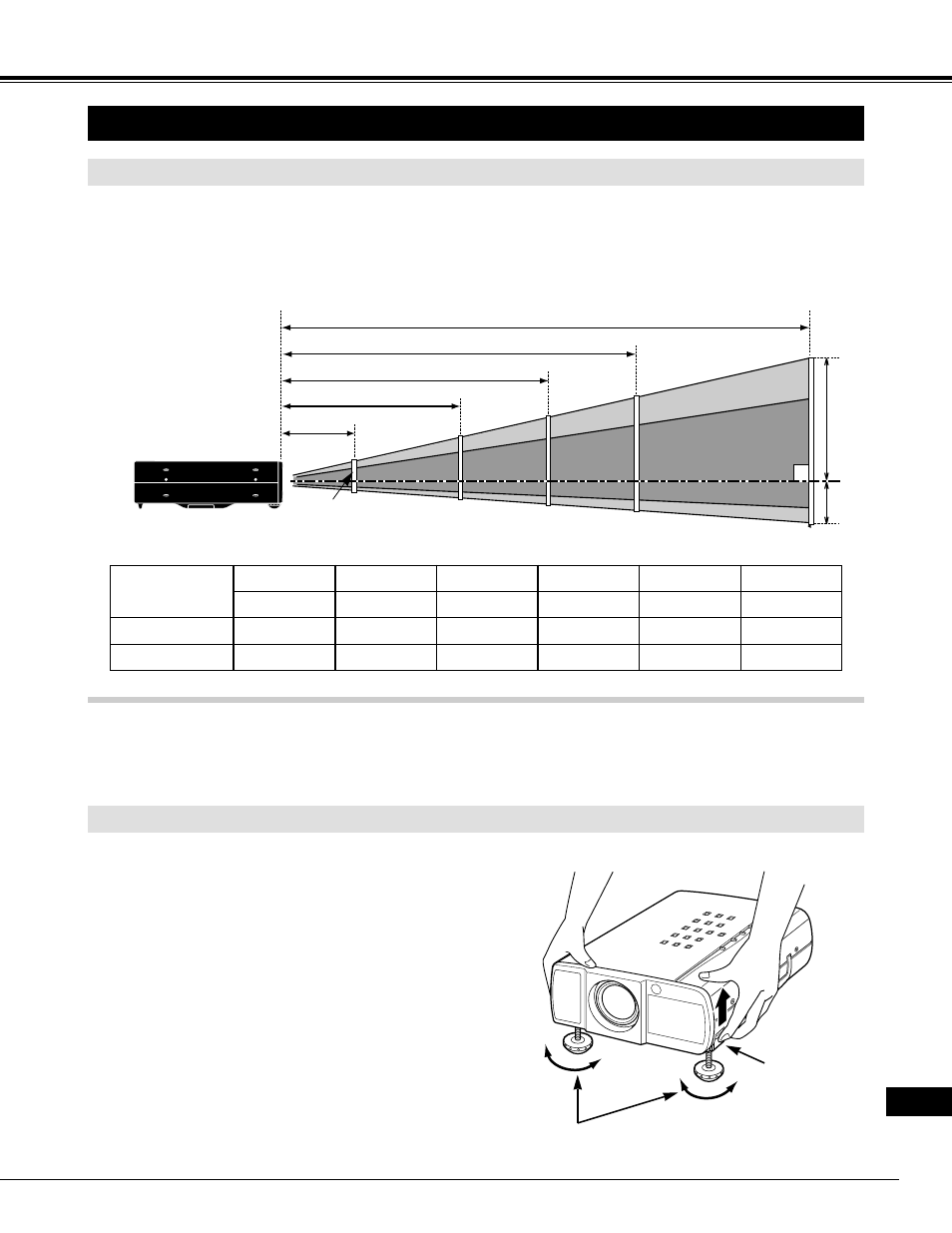Instalación del proyector, Preparación, Ubicación del proyector | Patas ajustables | Eiki LC-NB2 User Manual | Page 191 / 232