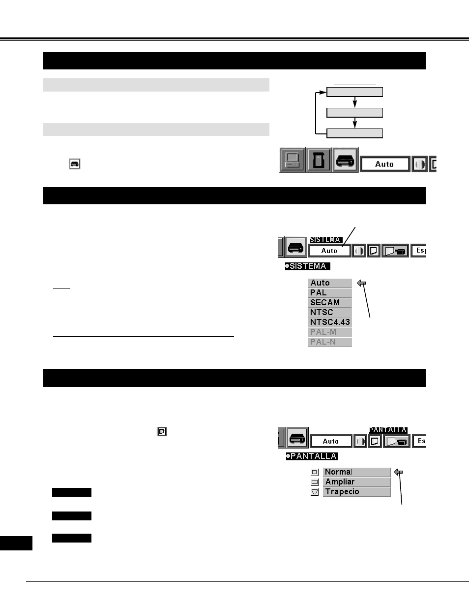 Modo de video, Seleccionando el modo de video, Selección del sistema de color | Ajuste de posición de la imagen, Funcionamiento directo, Funcionamiento del menú | Eiki LC-NB2 User Manual | Page 214 / 232