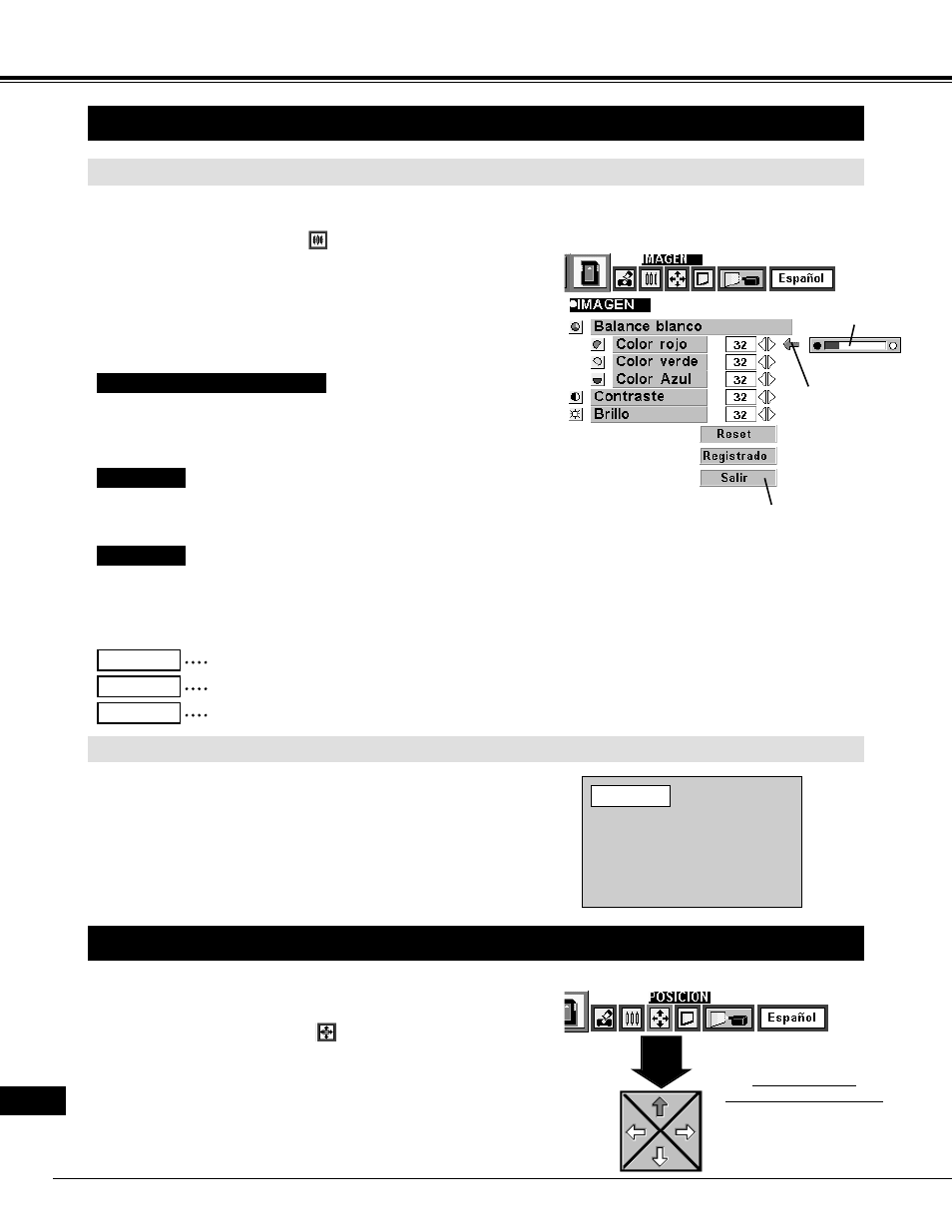 Ajuste de imagen, Ajuste de posición de la imagen, Modo mci | Ajuste manual de la imagen, Función normal | Eiki LC-NB2 User Manual | Page 220 / 232
