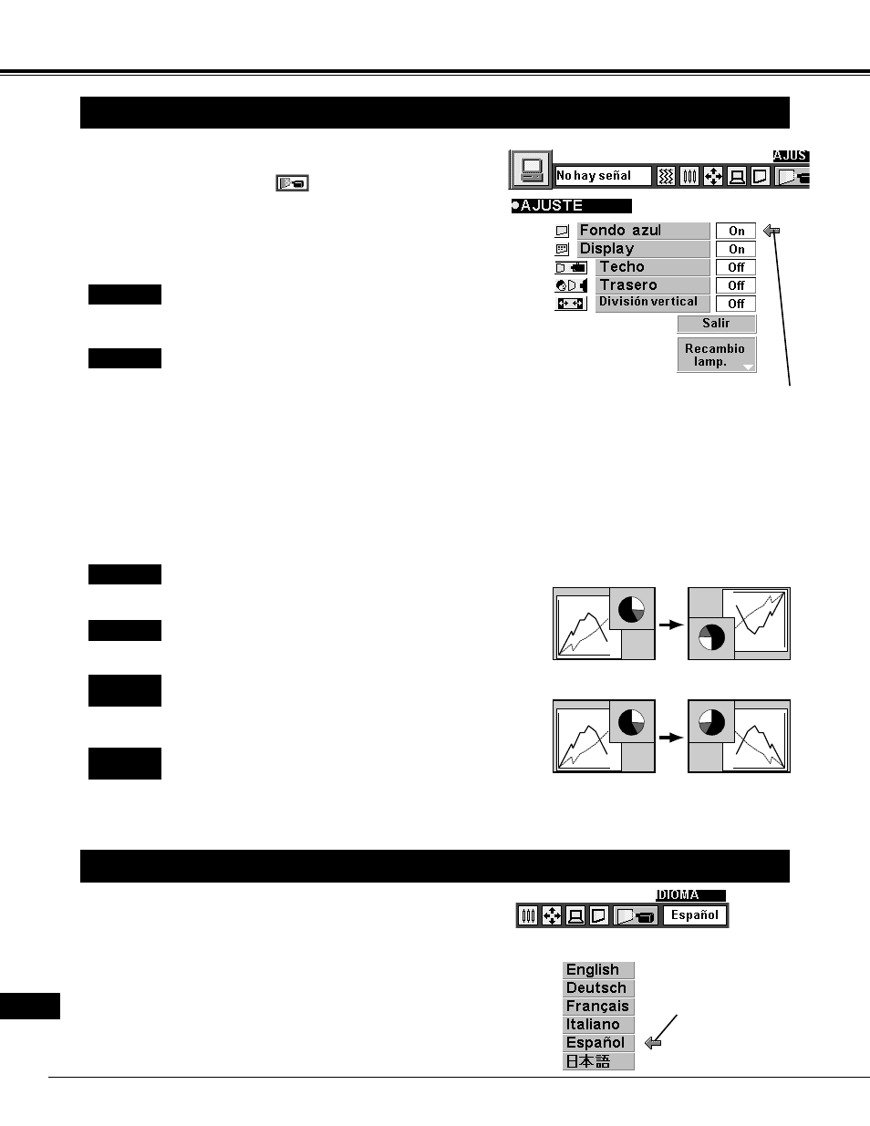 Ajuste, Menú de ajuste, Ajuste del idioma | Eiki LC-NB2 User Manual | Page 224 / 232