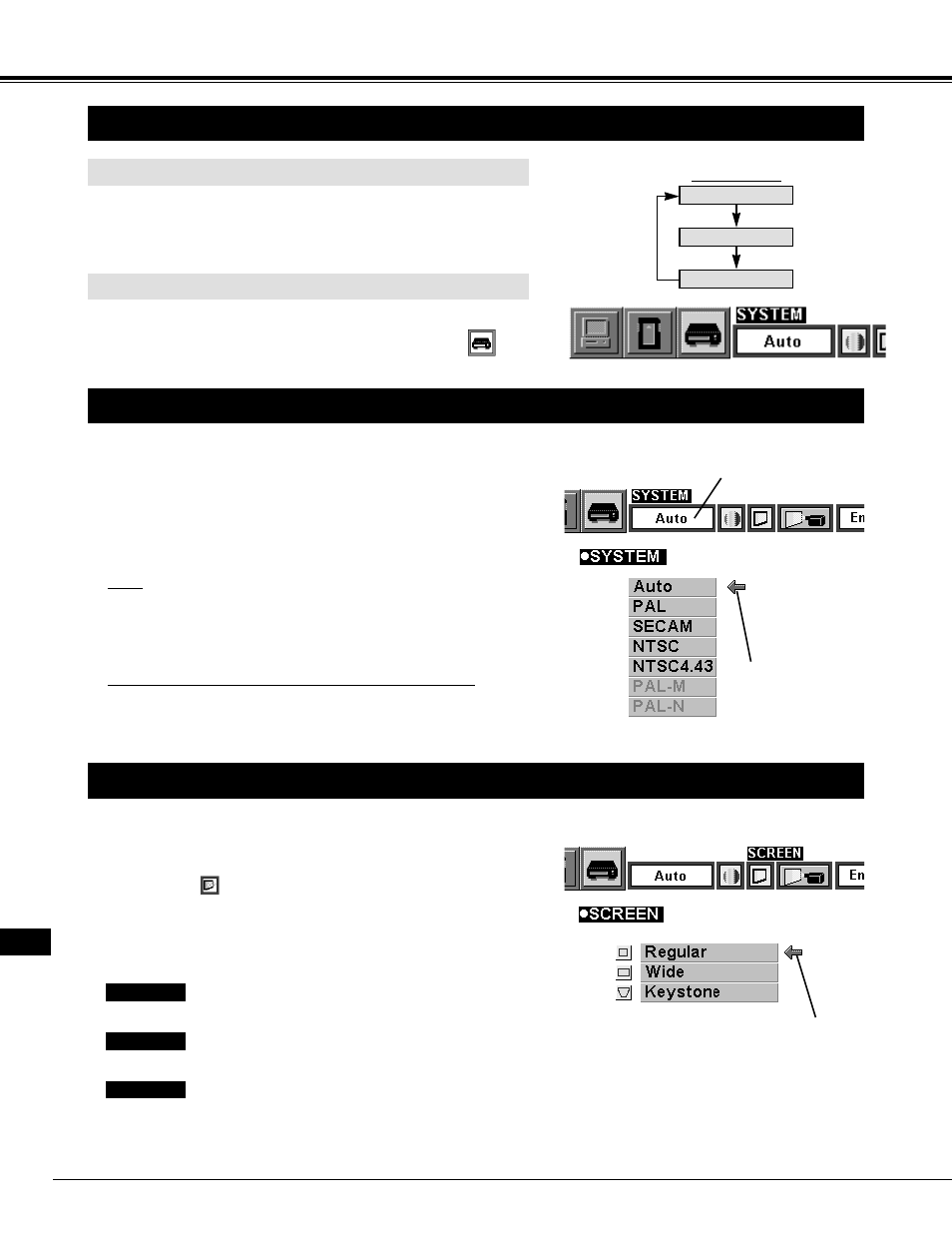 Video mode, Selecting video mode, Selecting colour system | Picture screen adjustment, Direct operation, Menu operation | Eiki LC-NB2 User Manual | Page 30 / 232