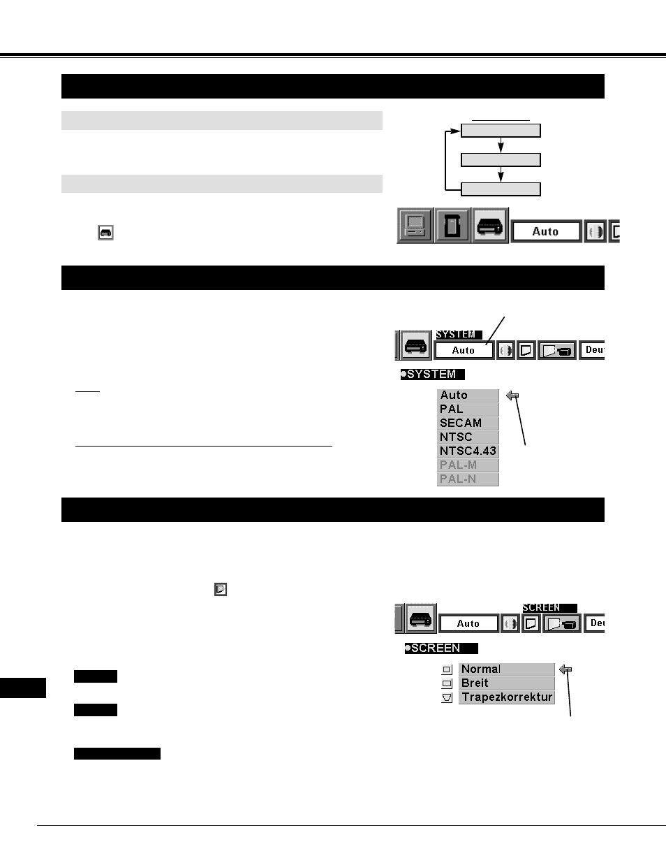 Videobetriebsart, Einstellen der videobetriebsart, Einstellen des farbsystems | Bildformateinstellung, Direkte einstellung, Einstellung mit hilfe des menüs | Eiki LC-NB2 User Manual | Page 76 / 232