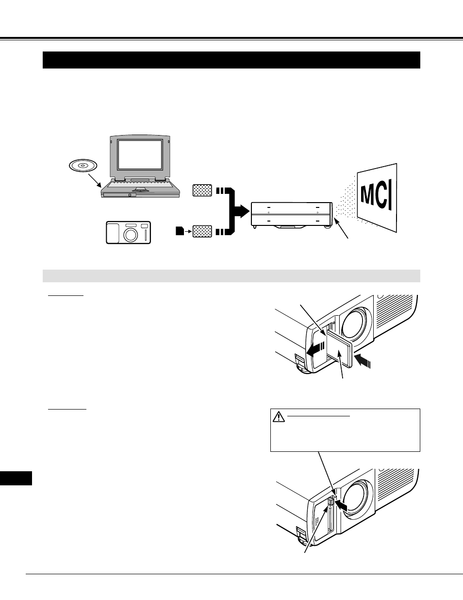 Mc i, Mci-beriebsart, Pc-kartensteckplatz | Einsetzen einer speicherkarte in den projektor | Eiki LC-NB2 User Manual | Page 78 / 232