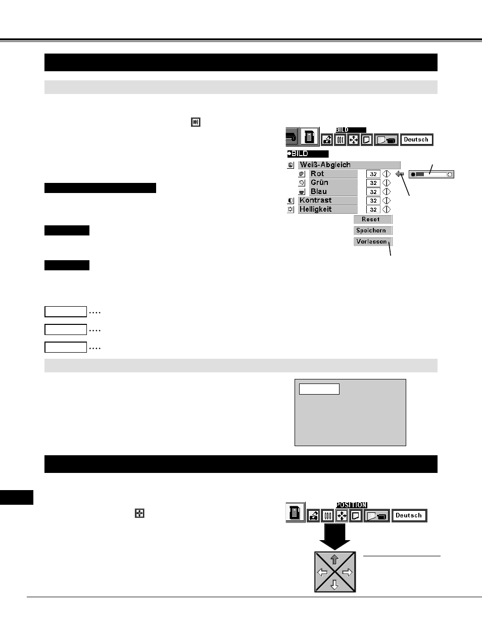 Bildeinstellung, Bildpositionseinstellung, Mci-beriebsart | Manuelle bildeinstellung, Normal-bildeinstellung | Eiki LC-NB2 User Manual | Page 82 / 232
