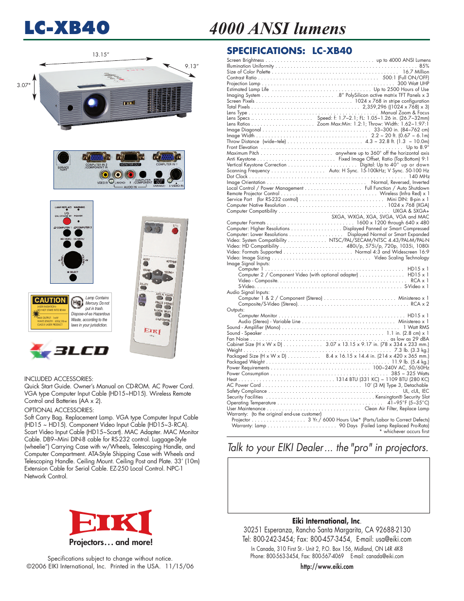 Specifications: lc-xb40, Projectors... and more | Eiki LC-XB40 User Manual | Page 2 / 2