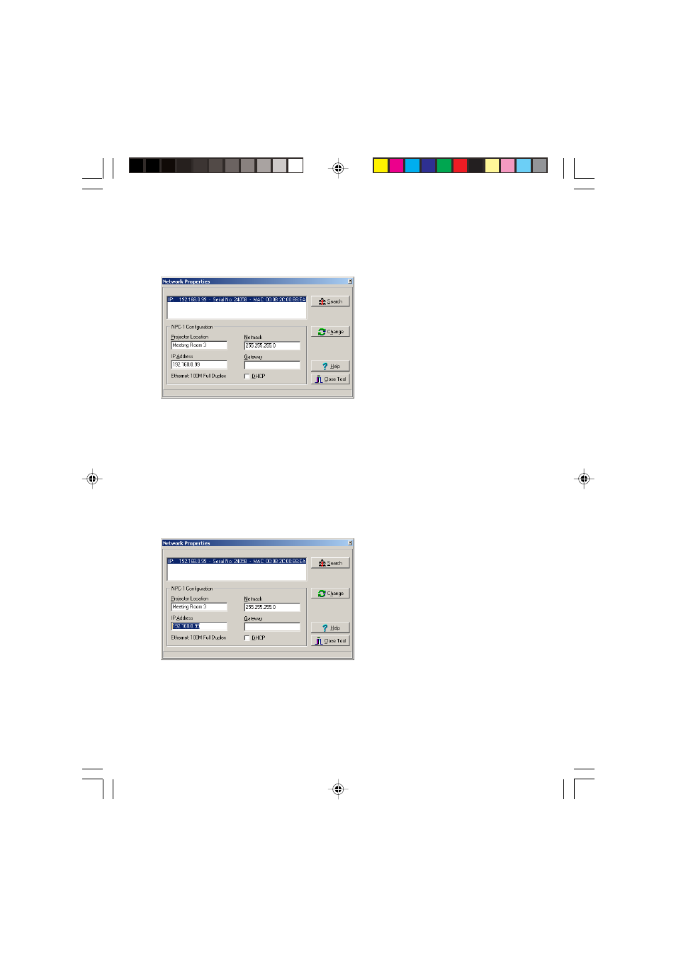 Changing the projector location, Changing the ip address | Eiki NPC-1 User Manual | Page 13 / 28