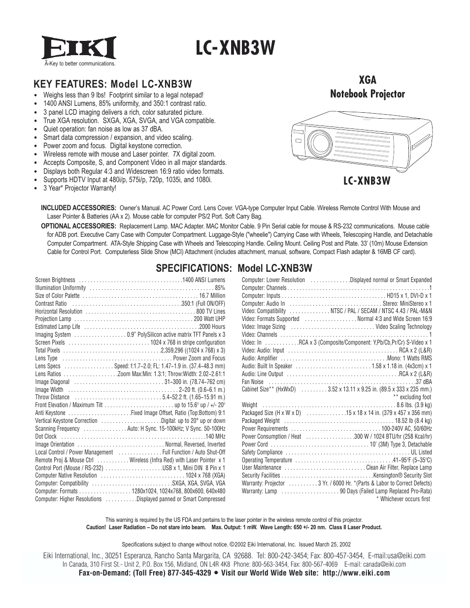 Eiki LC-XNB3W User Manual | 1 page