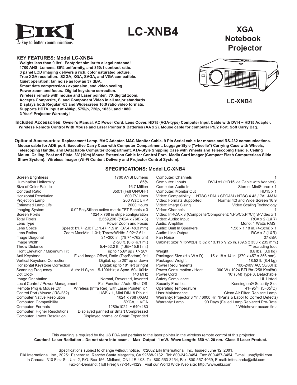 Eiki LC-XNB4 User Manual | 1 page