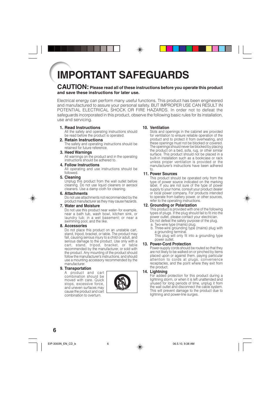 Important safeguards, Caution | Eiki EIP-3000N User Manual | Page 10 / 68