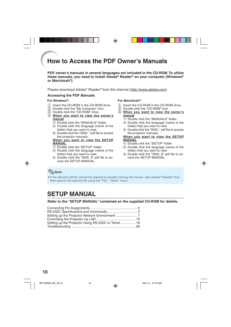 How to access the pdf owner’s manuals, Setup manual | Eiki EIP-3000N User Manual | Page 14 / 68