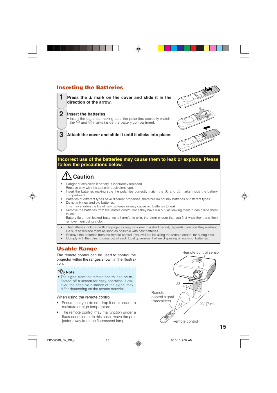 Caution, Inserting the batteries, Usable range | Eiki EIP-3000N User Manual | Page 19 / 68