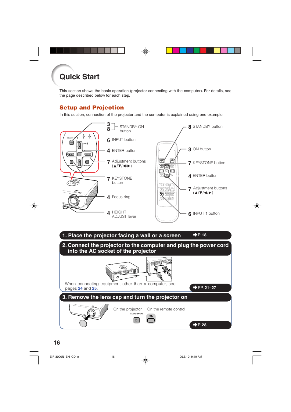 Quick start, Setup and projection | Eiki EIP-3000N User Manual | Page 20 / 68