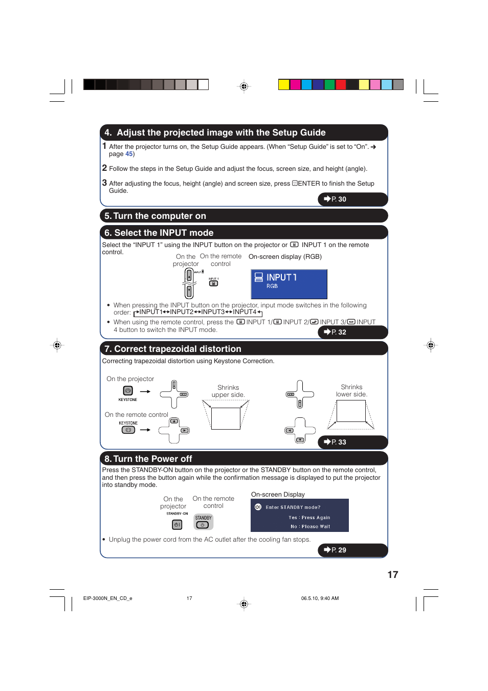Adjust the projected image with the setup guide, Select the input mode, Correct trapezoidal distortion | Turn the computer on 8. turn the power off | Eiki EIP-3000N User Manual | Page 21 / 68