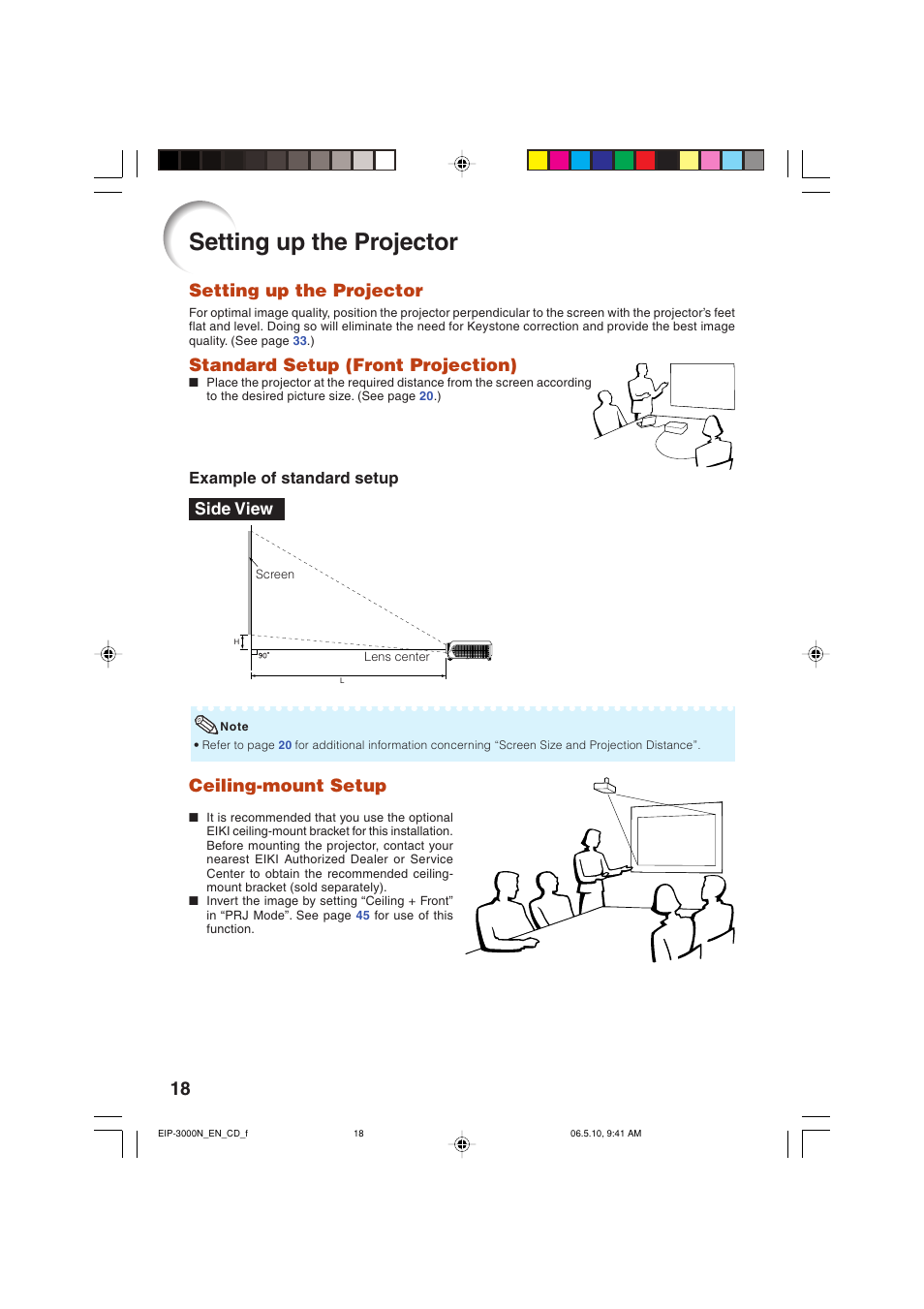 Setting up the projector, Ceiling-mount setup, Standard setup (front projection) | Side view | Eiki EIP-3000N User Manual | Page 22 / 68