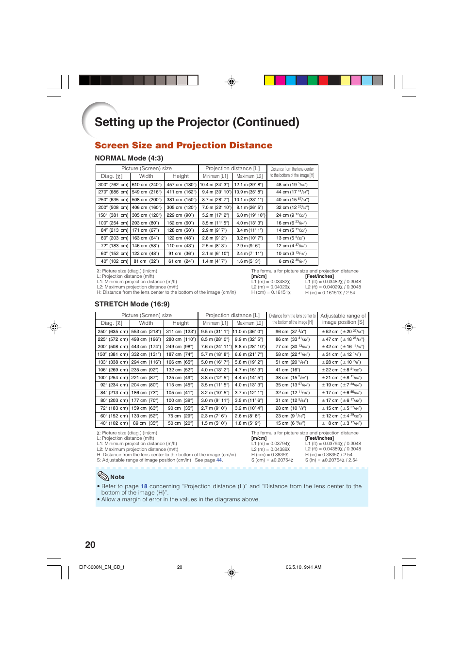 Setting up the projector (continued), Screen size and projection distance, Normal mode (4:3) | Stretch mode (16:9) | Eiki EIP-3000N User Manual | Page 24 / 68