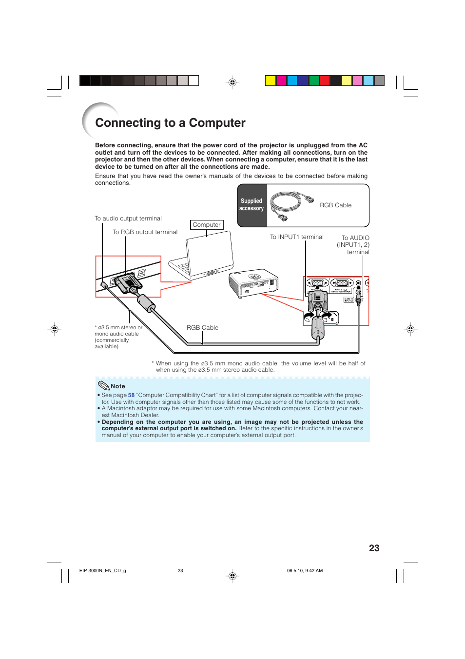 Connecting to a computer | Eiki EIP-3000N User Manual | Page 27 / 68