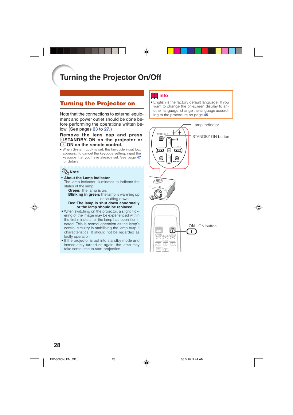 Turning the projector on/off, Turning the projector on | Eiki EIP-3000N User Manual | Page 32 / 68
