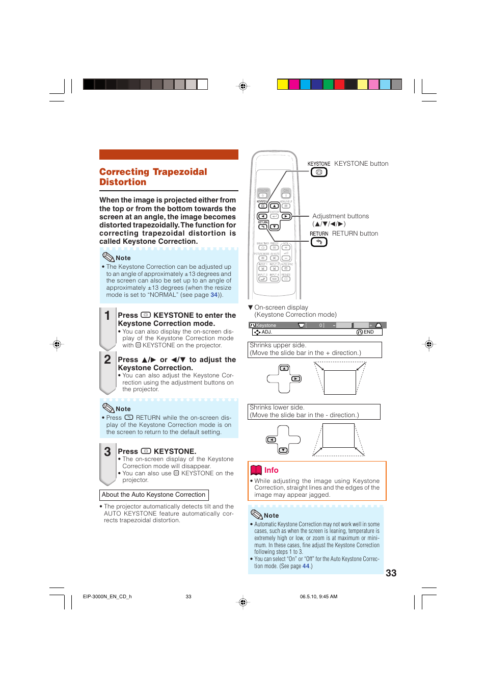Correcting trapezoidal distortion | Eiki EIP-3000N User Manual | Page 37 / 68