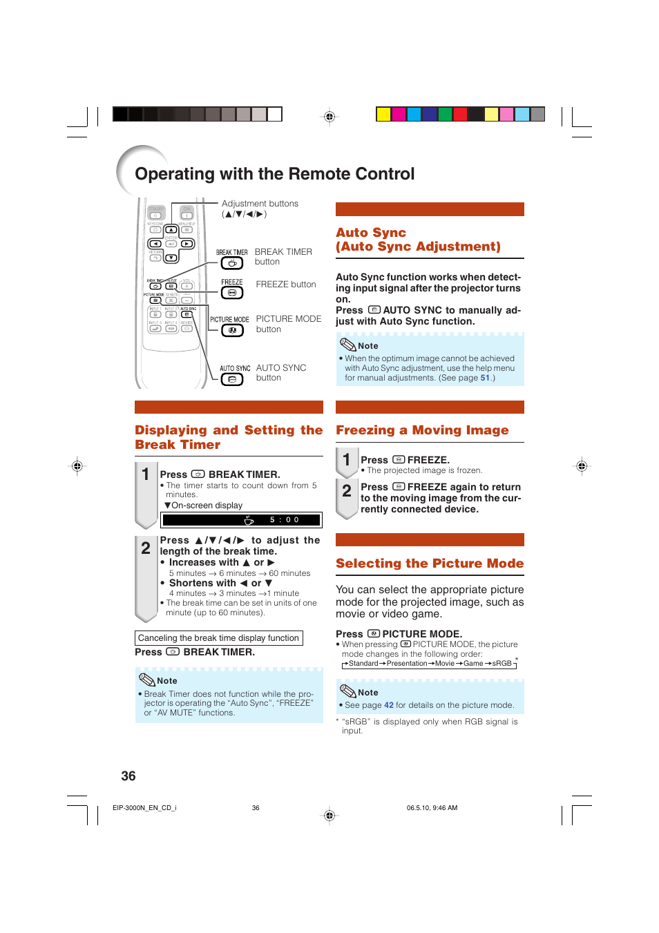 Operating with the remote control, Auto sync (auto sync adjustment), Freezing a moving image | Selecting the picture mode, Displaying and setting the break timer | Eiki EIP-3000N User Manual | Page 40 / 68